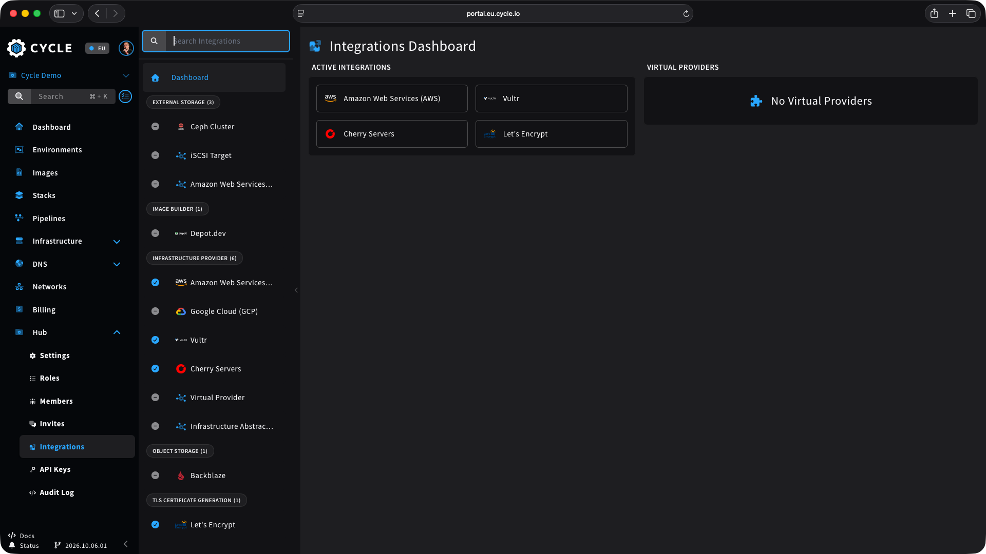 Screenshot of the Cycle platform showing a variety of cloud providers. 