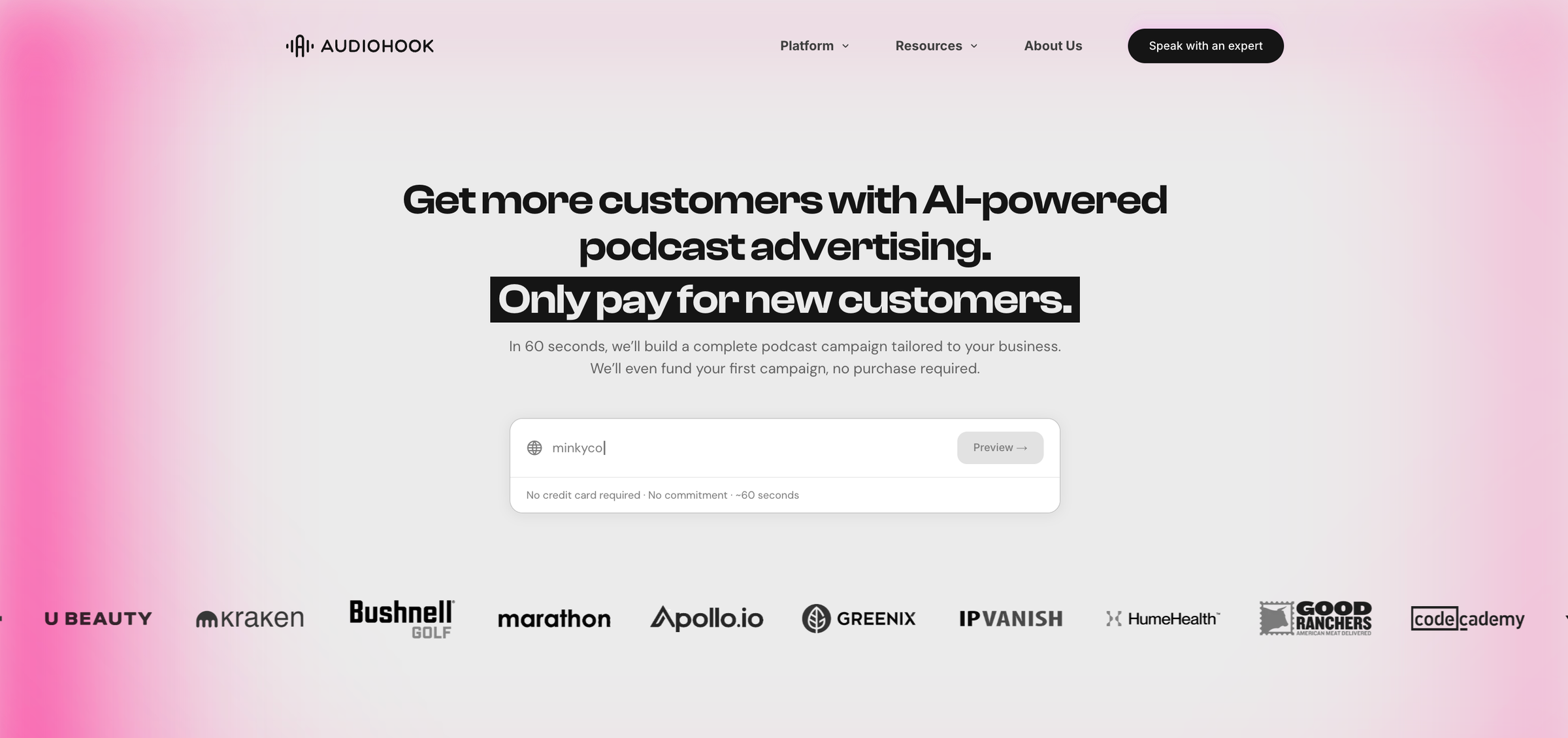 Screenshot of the Audiohook frontpage on their website
