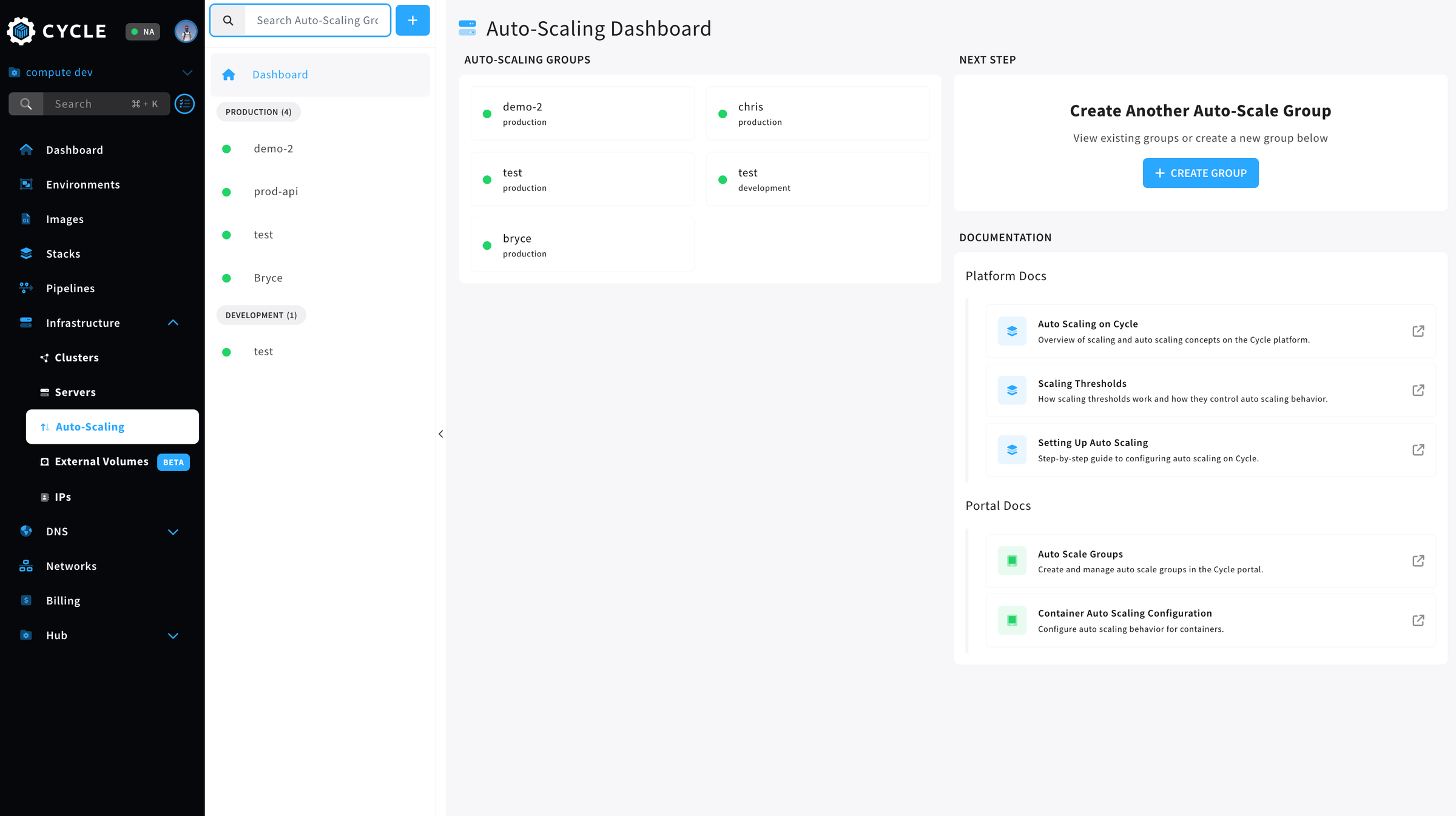 screenshot of the auto-scaling dashboard in the Cycle portal