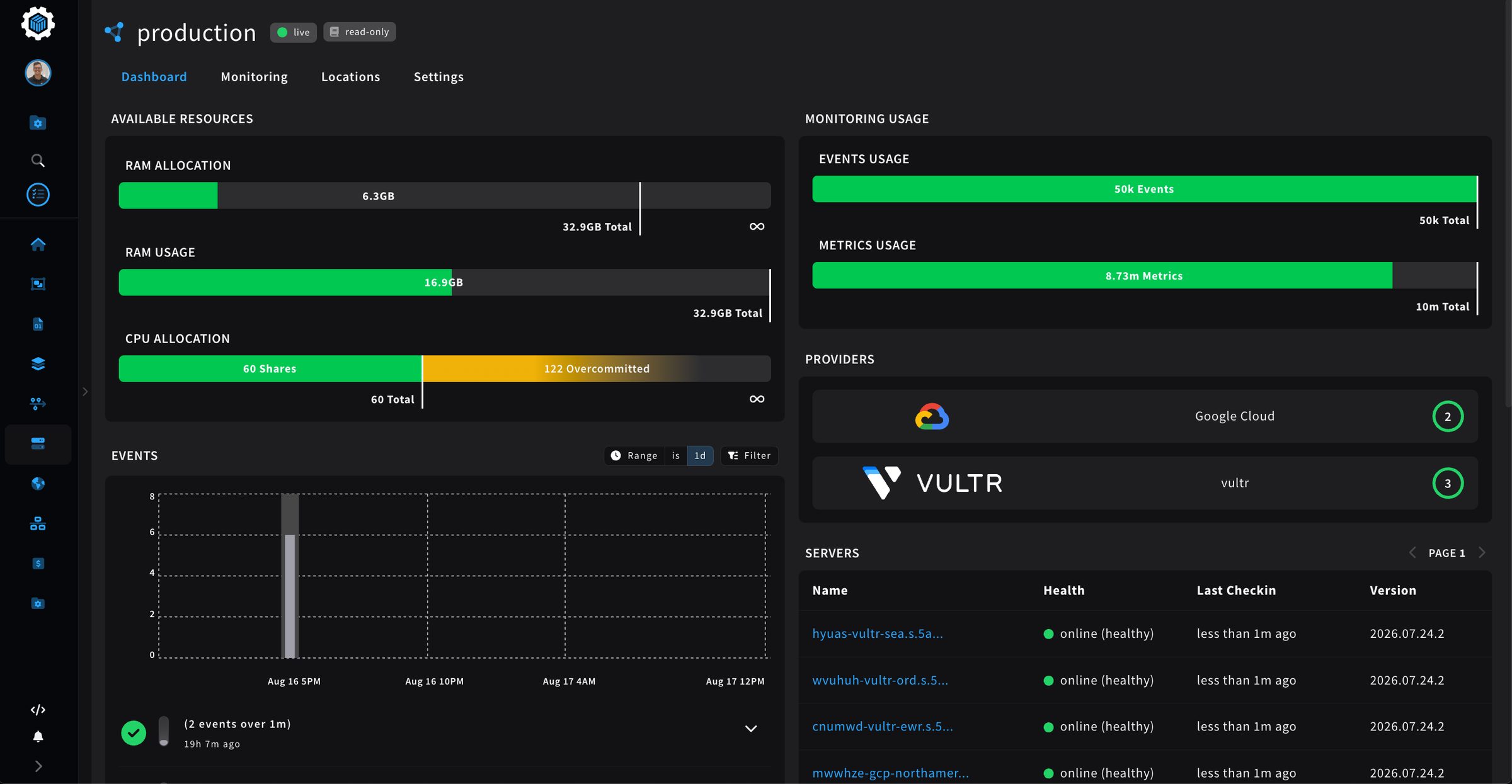 Cycle portal showing servers across multiple providers in one cluster