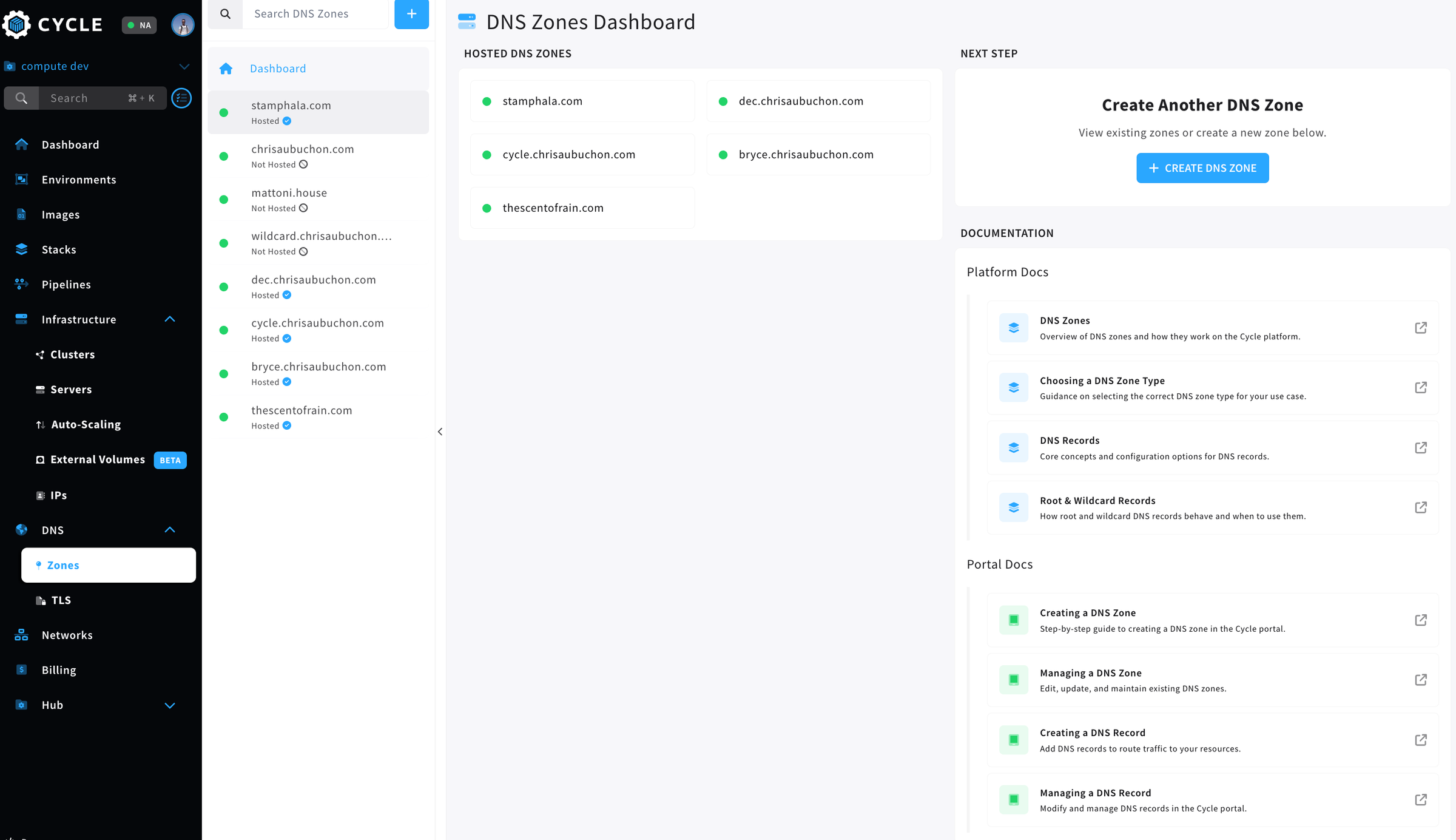 screenshot of the DNS Zones dashboard in the Cycle portal