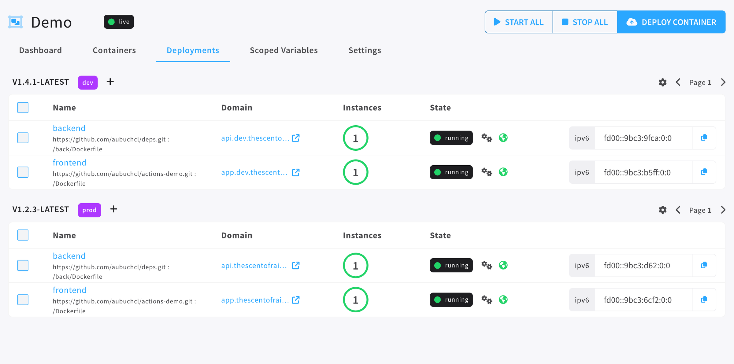 deployments dashboard
