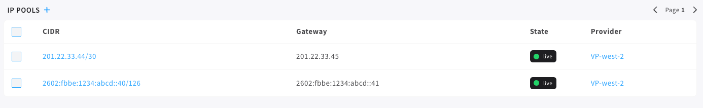 IP Pools view in portal