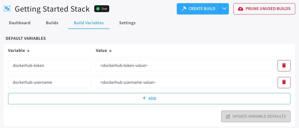 build variables form