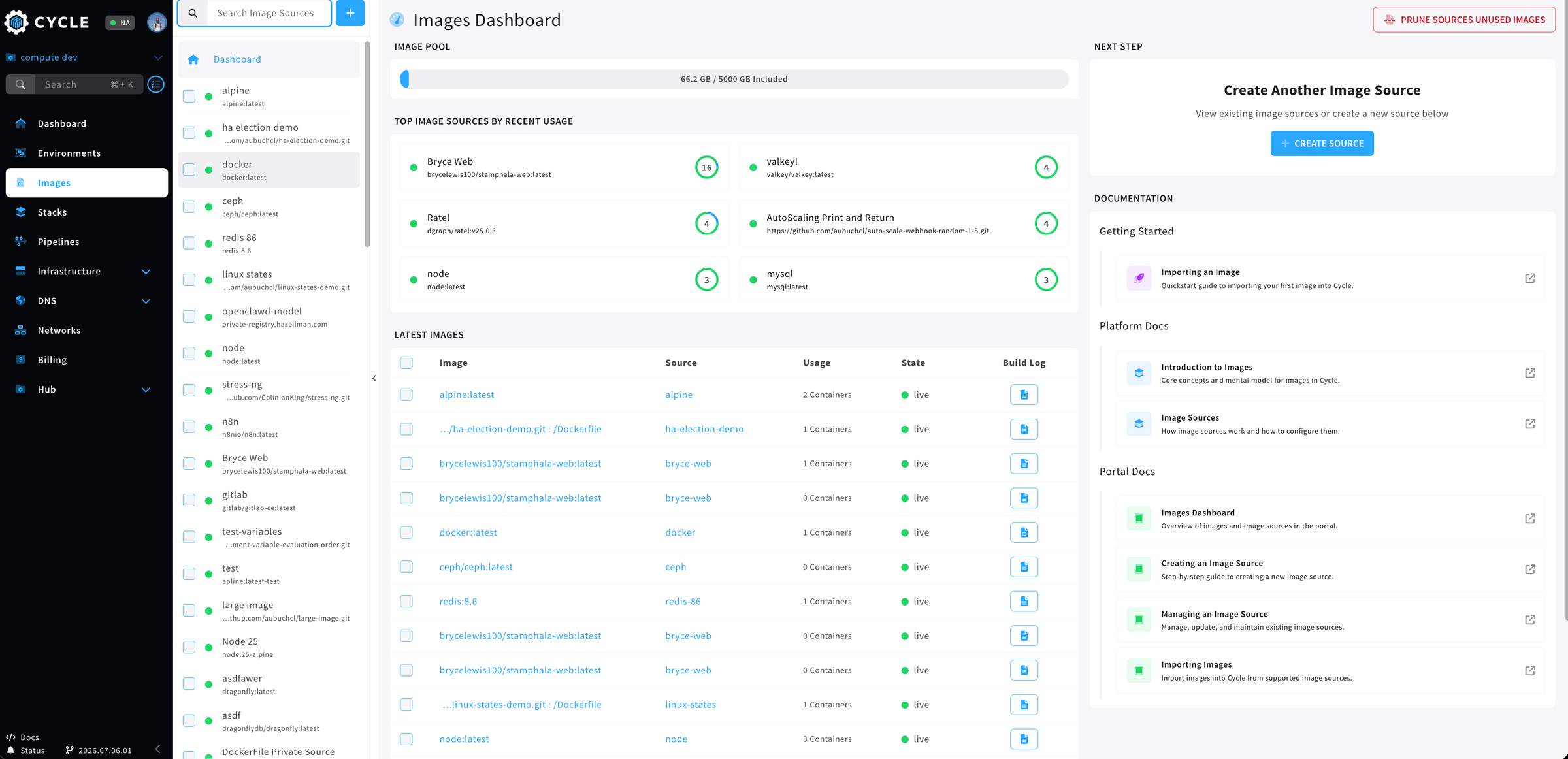 a screenshot of the images dashboard in the Cycle portal
