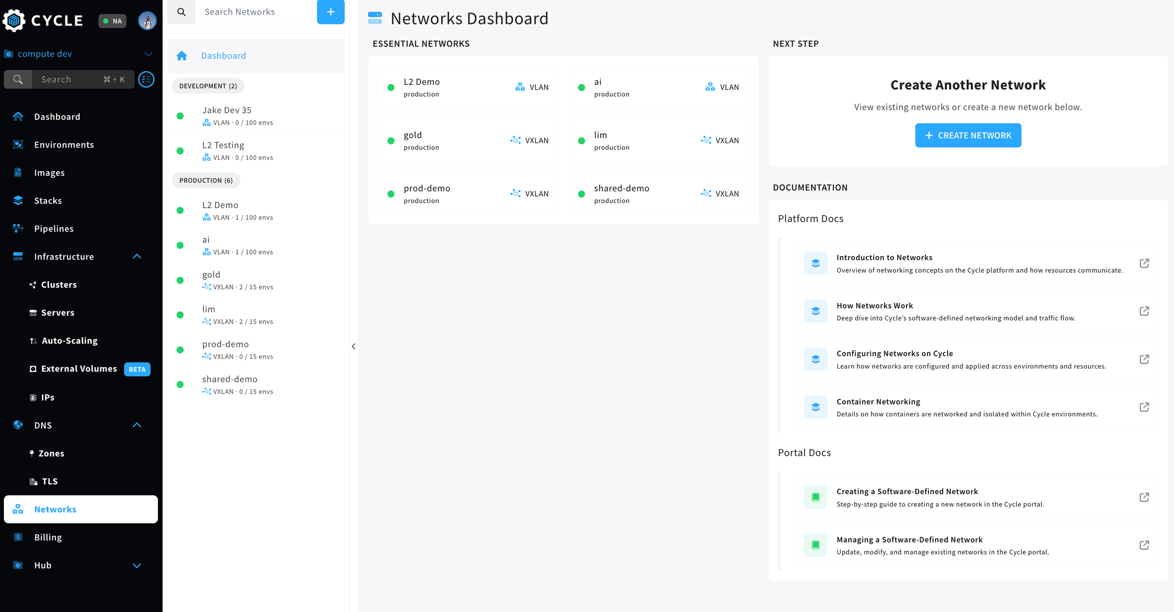 screenshot of the network dashboard in the Cycle portal