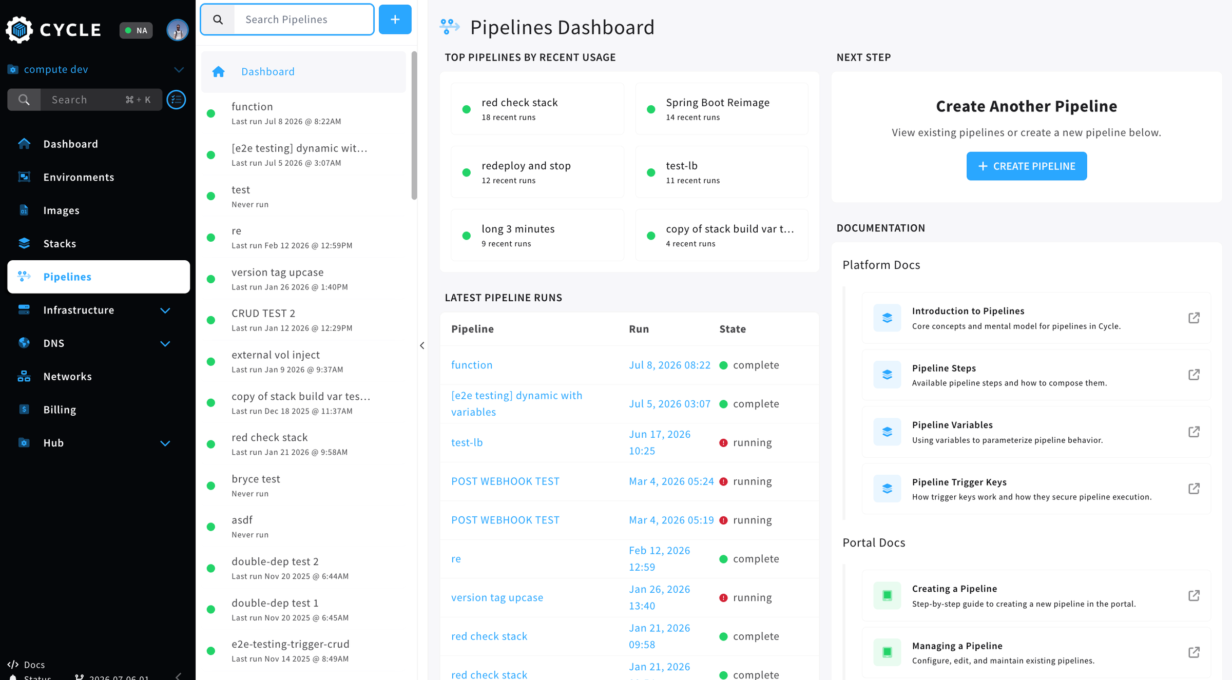 a screenshot of the pipeline dashboard in the Cycle portal