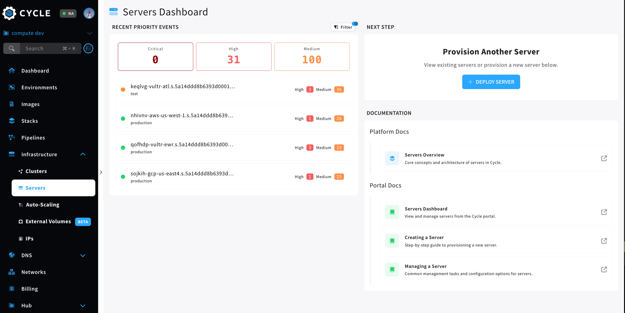 a screenshot of the servers dashboard in the Cycle portal