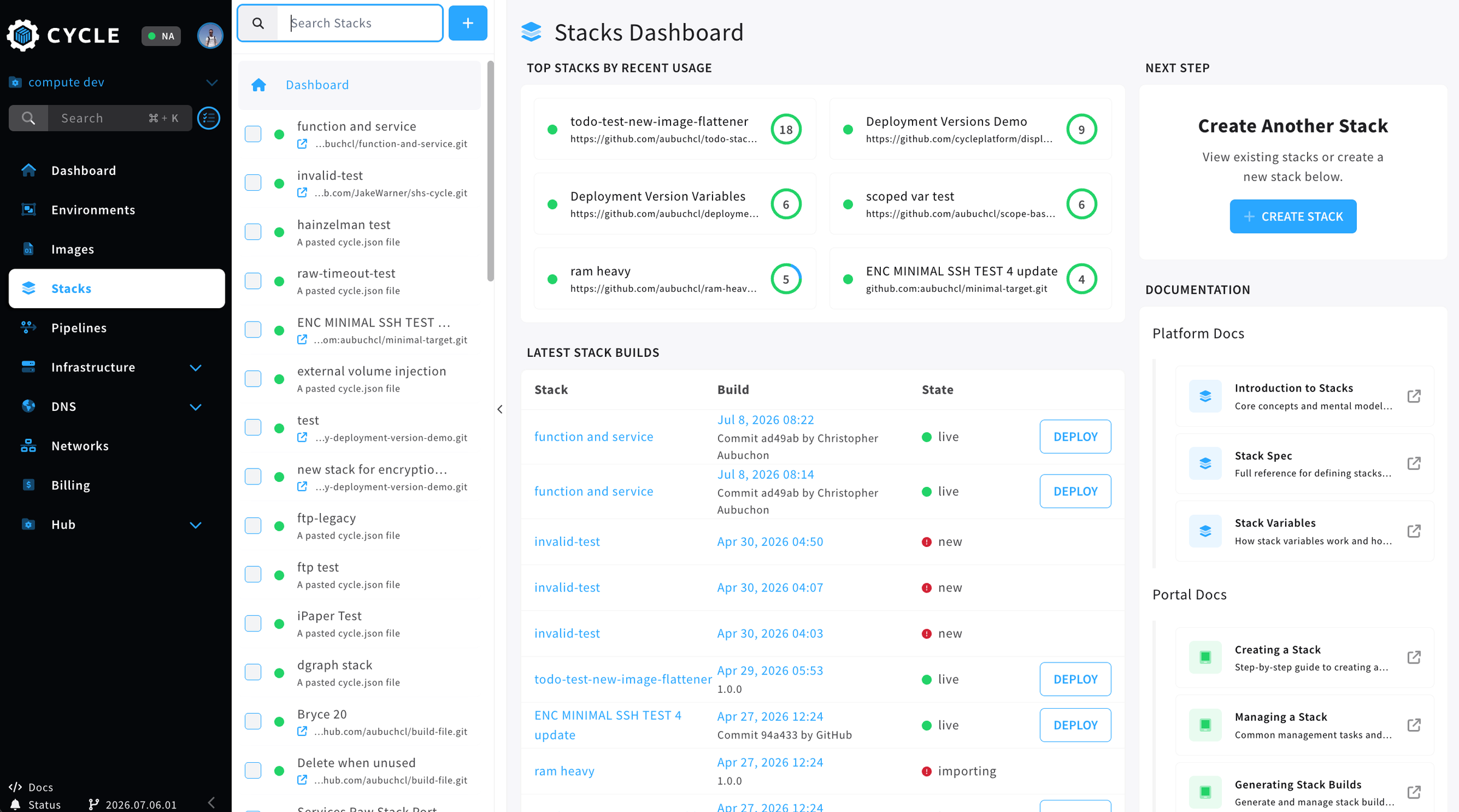 A screenshot of the stacks dashboard in the Cycle portal