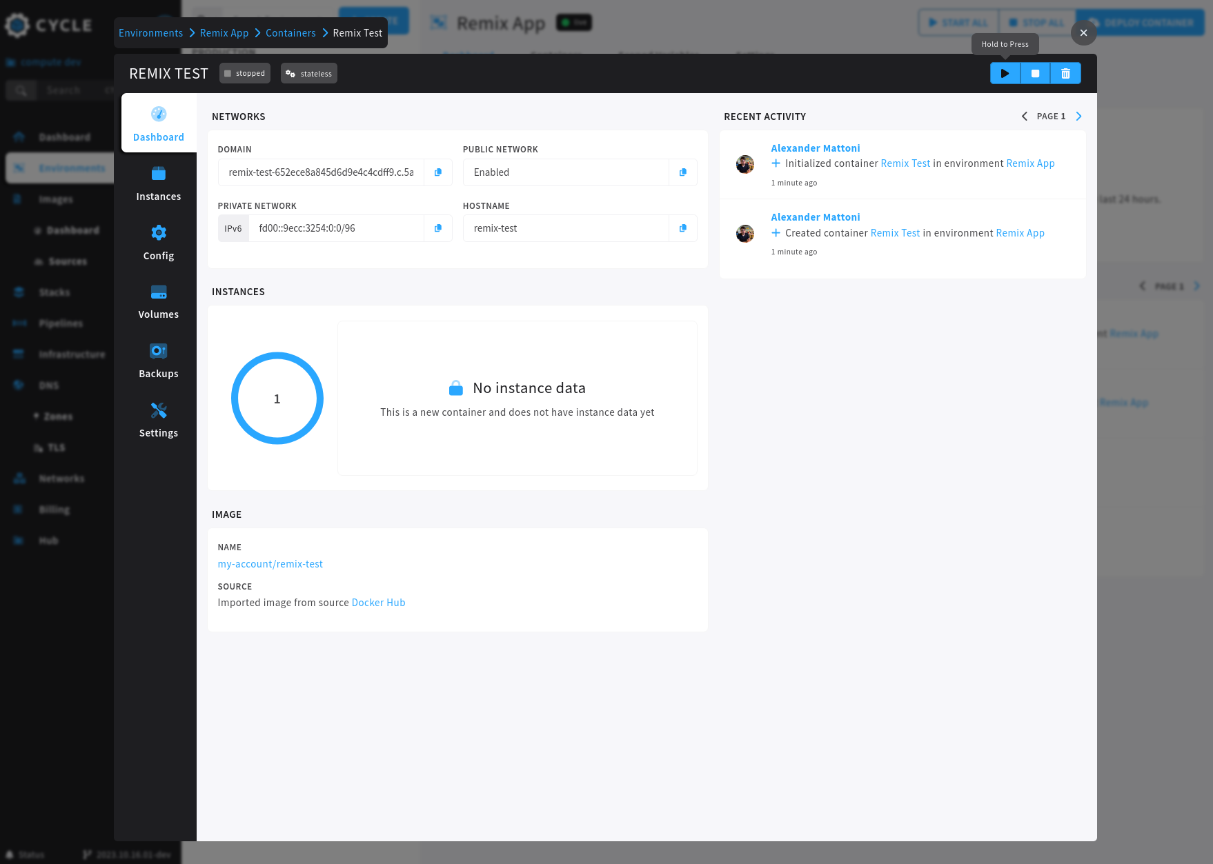 Container dashboard in Cycle portal
