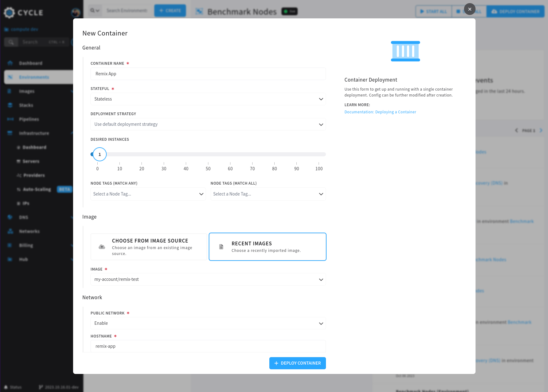 Deploy container wizard in Cycle portal