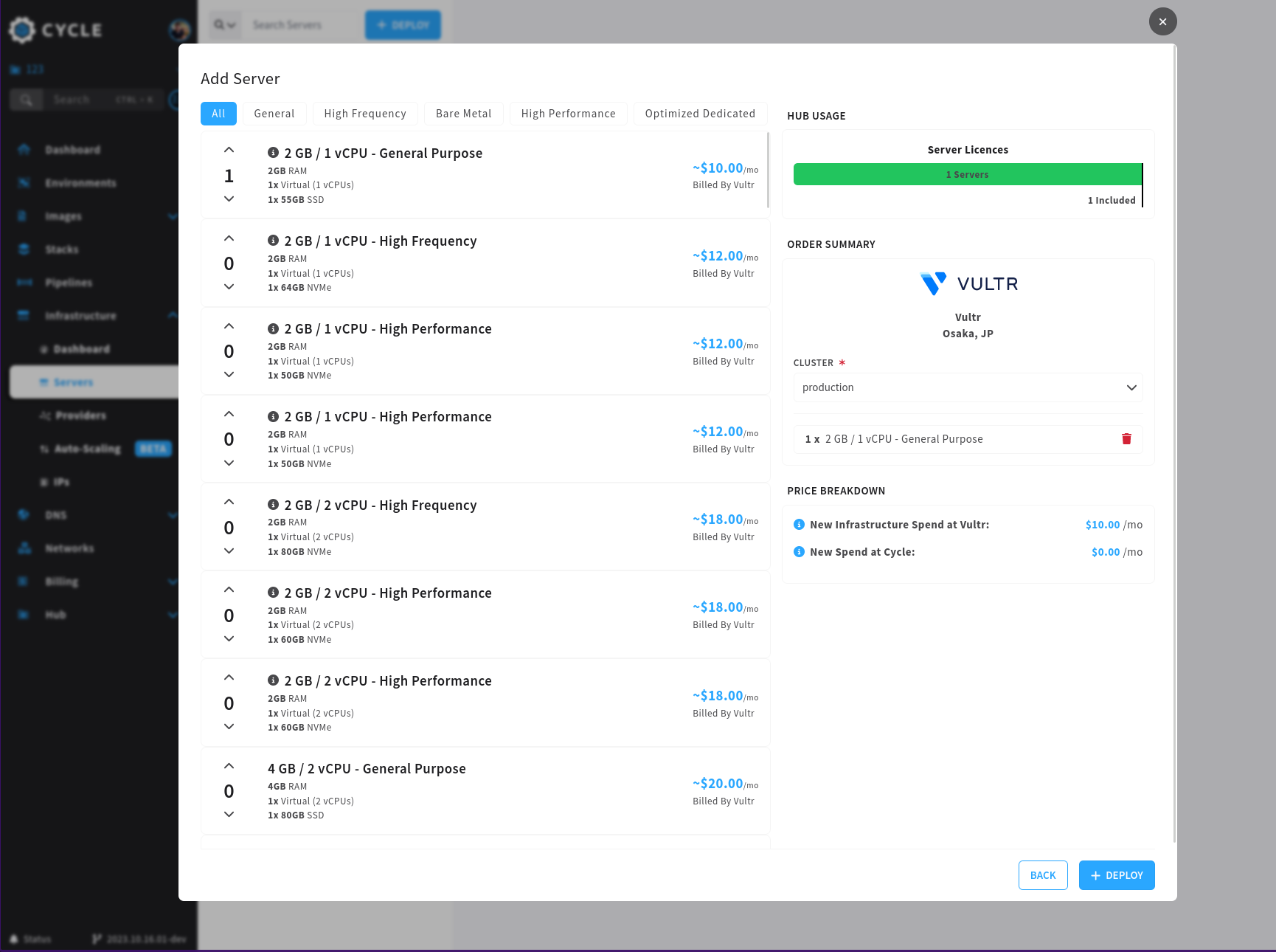 Deploying a server in Cycle portal