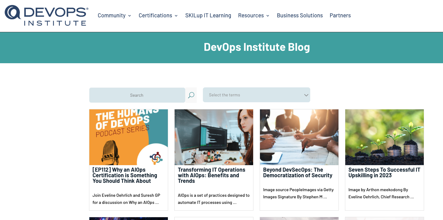 The DevOps Institute landing page.