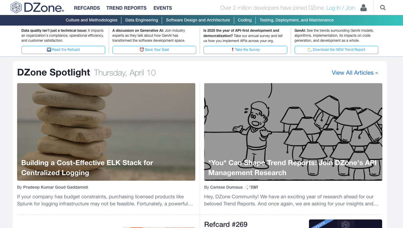 The Dzone DevOps landing page.