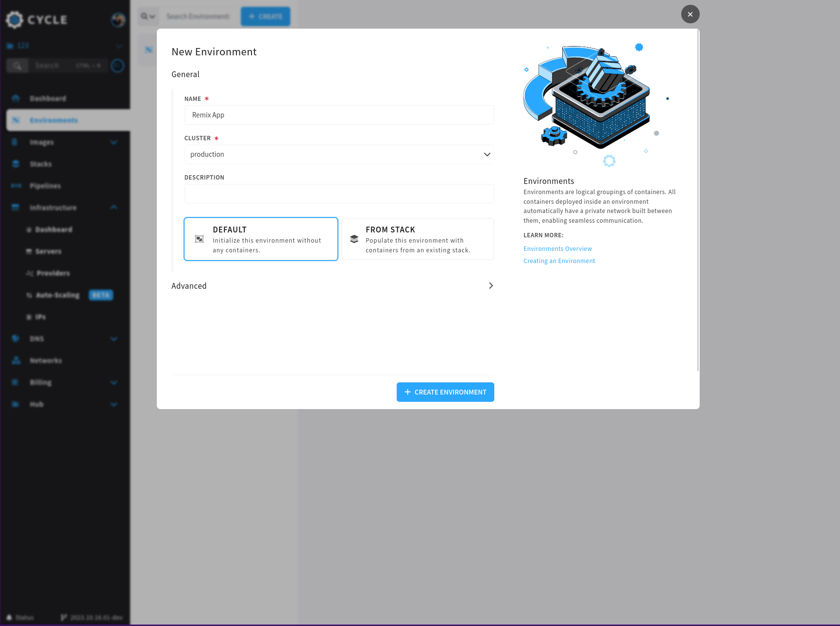 Creating an environment in Cycle portal