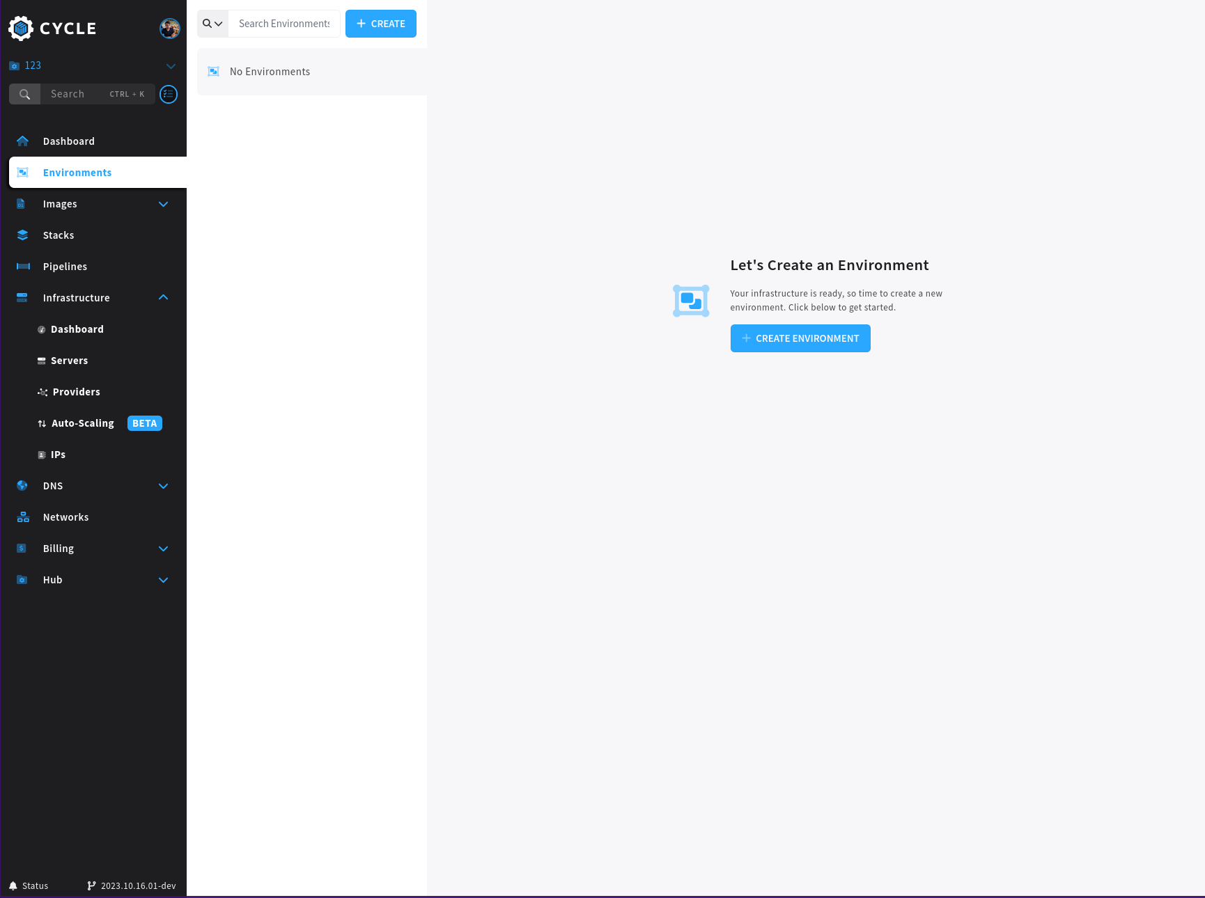Empty environment dashboard in Cycle portal