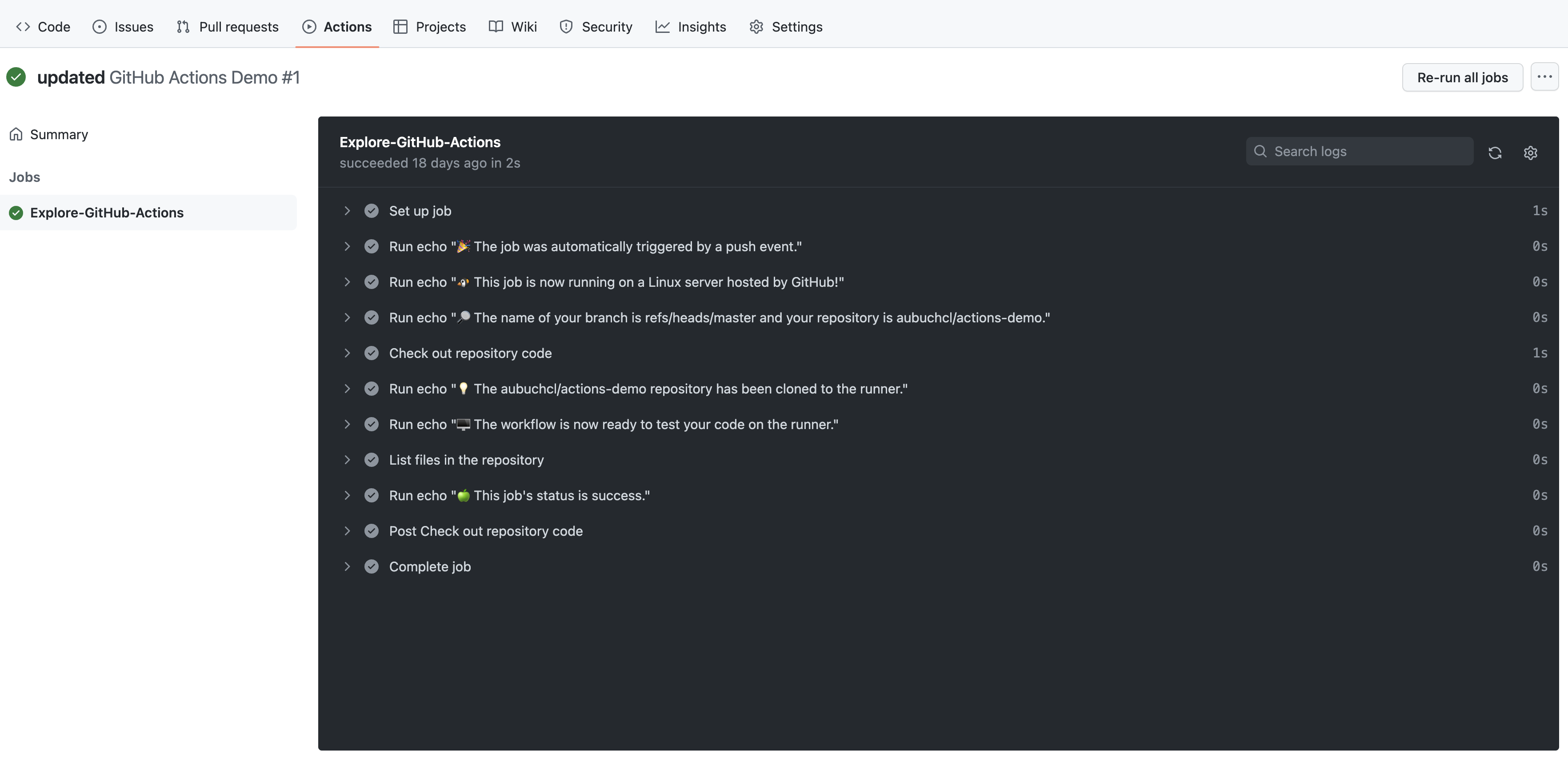 GitHub Actions Getting Started Output Screenshot
