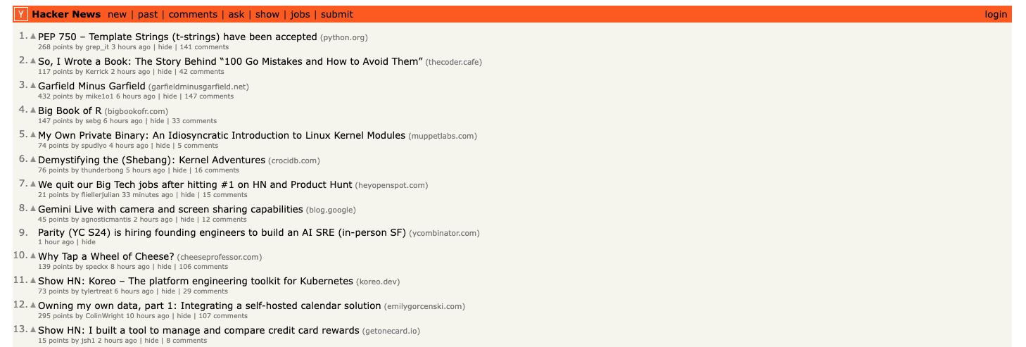 The Hacker News forum landing page.