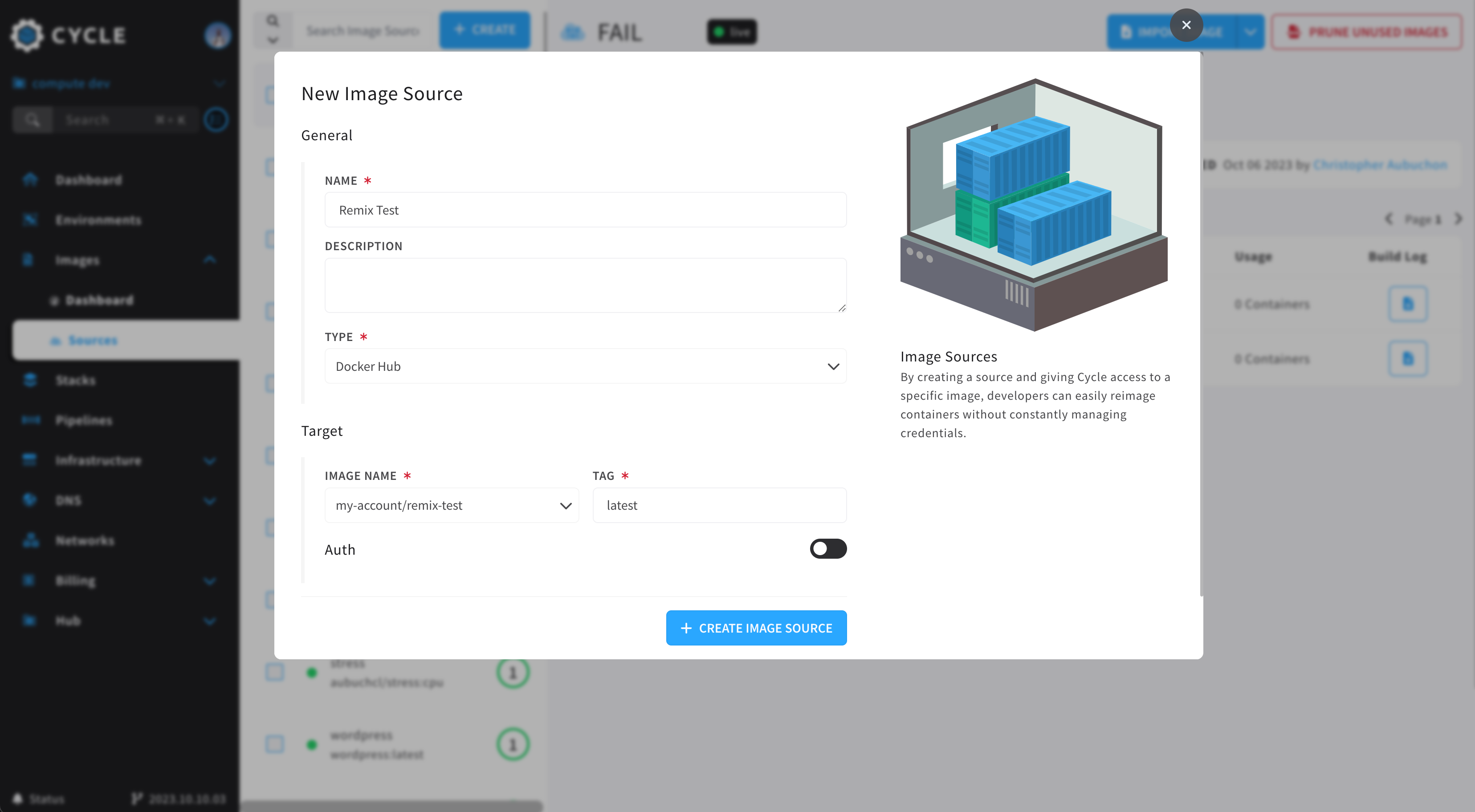 Docker Hub image source form in Cycle portal