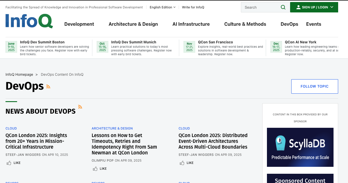 InfoQ Devops / Cultrure landing page.