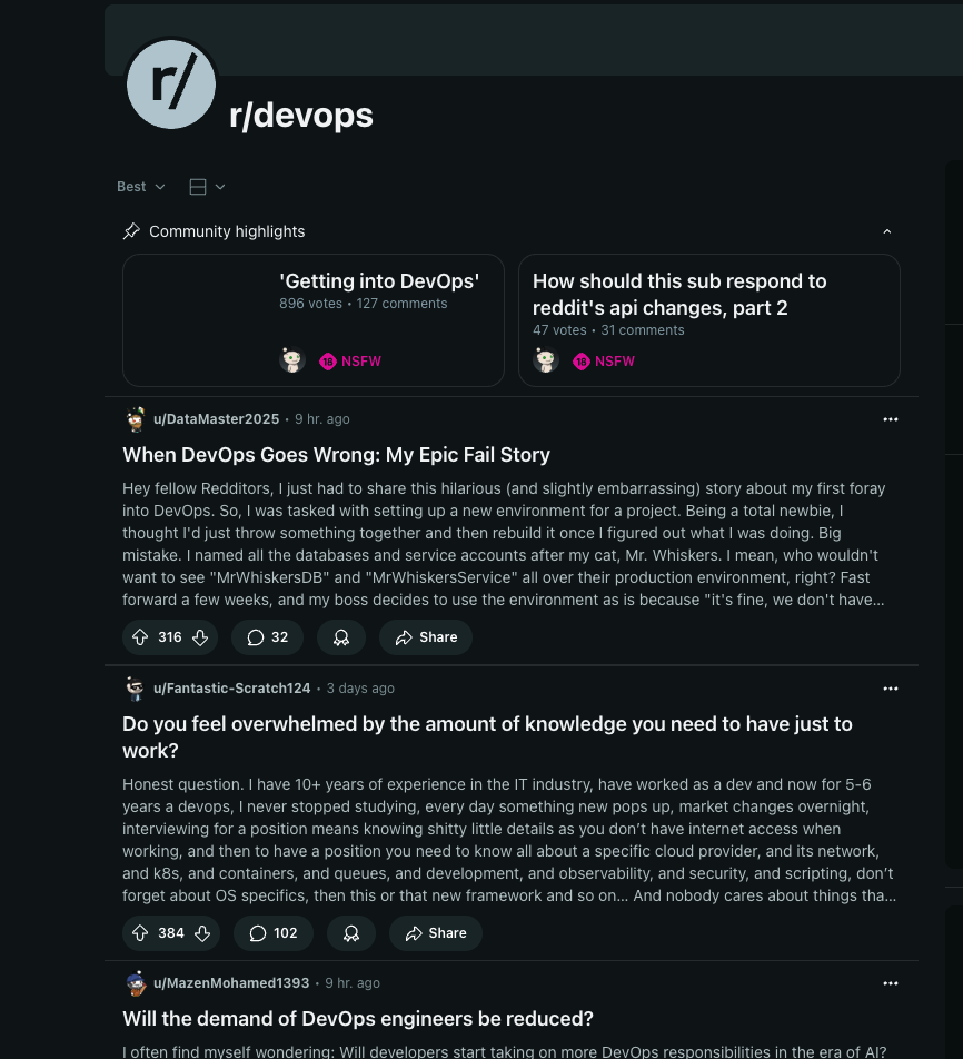 The Reddit r/DevOps forum landing page.