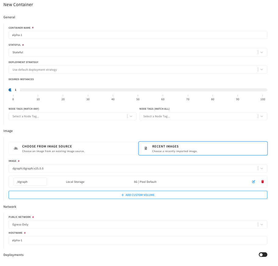 the deploy form for a single container