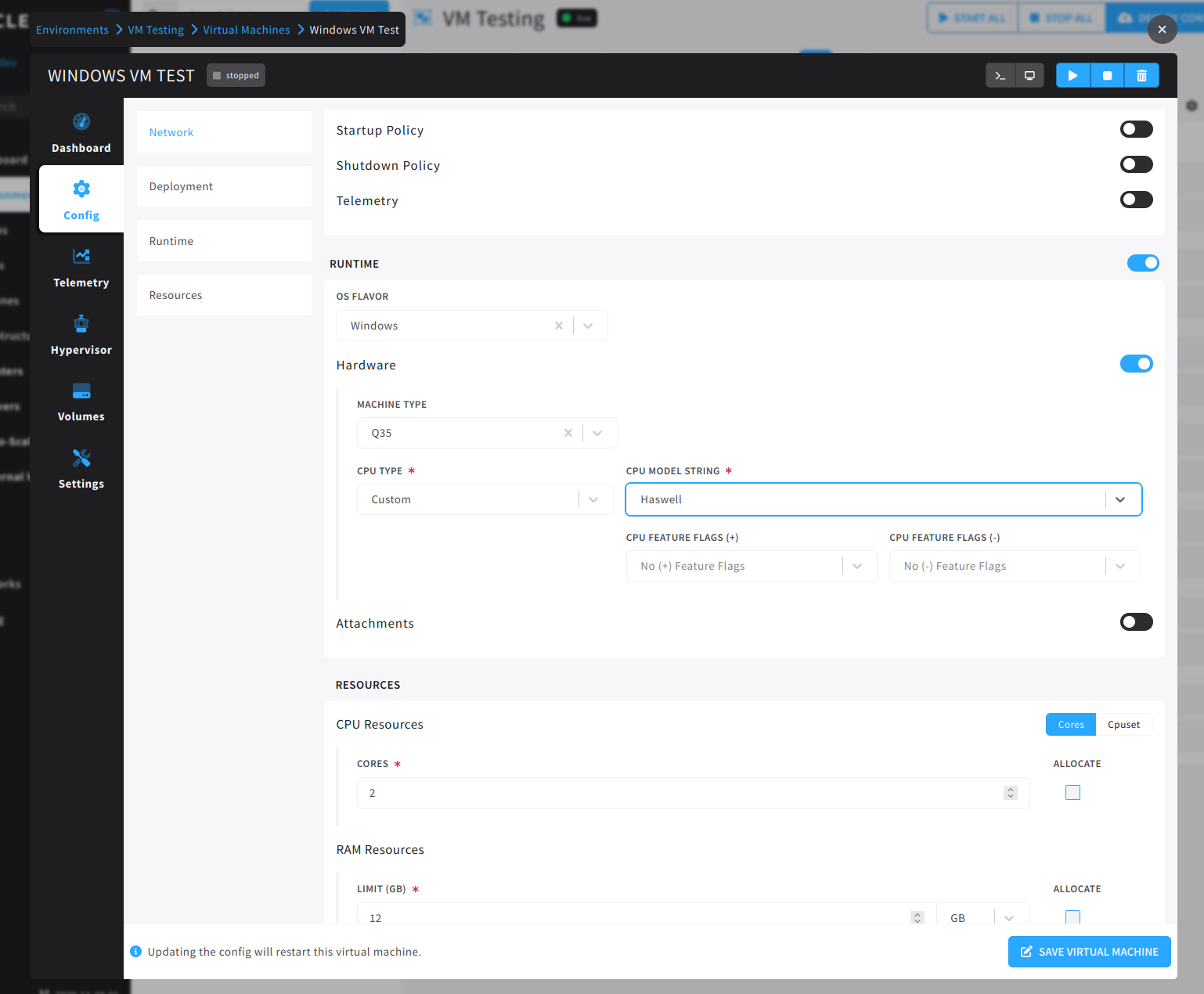 virutal machine configuration runtime