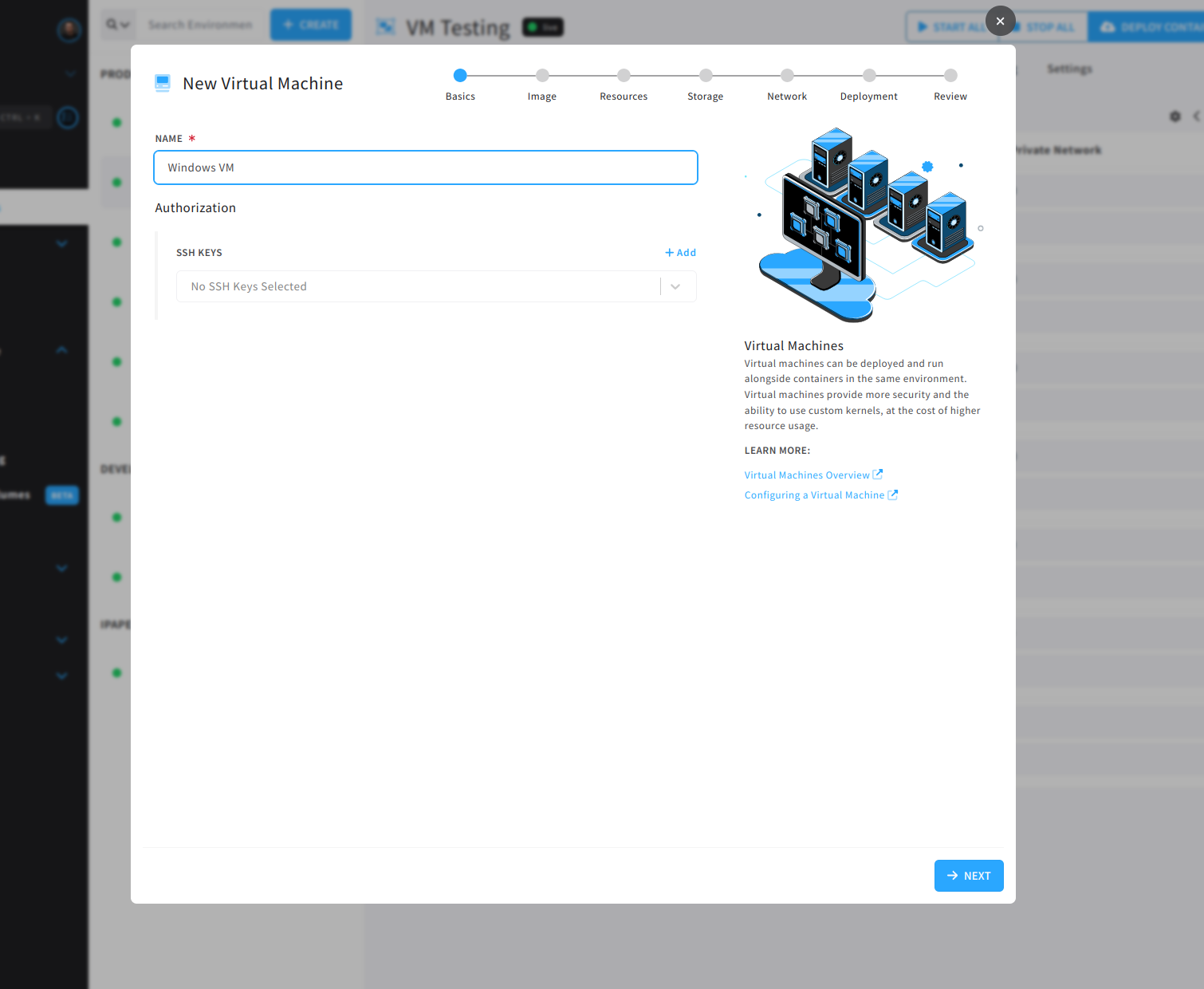 virtual machine create basics wizard