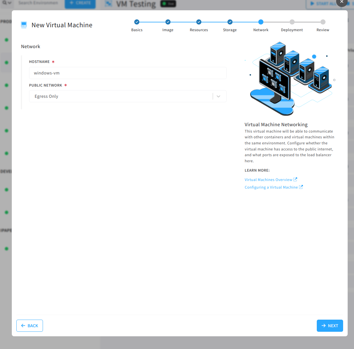 virtual machine create network wizard