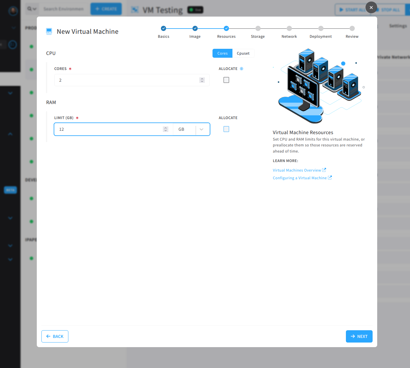 virtual machine create resoures wizard