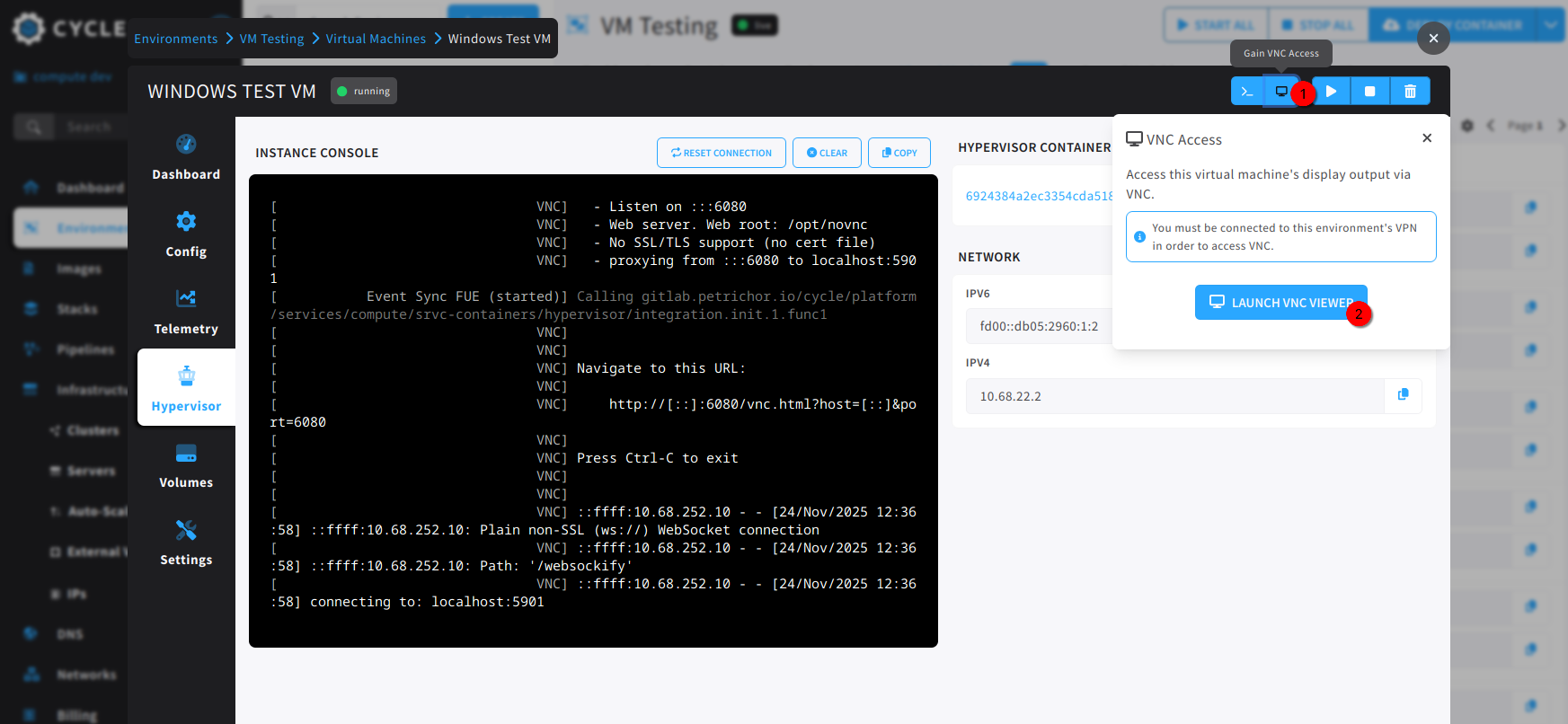 virtual machine vnc connection modal directions