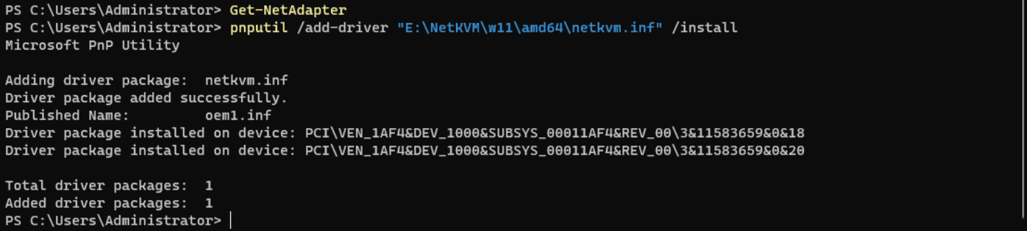 windows network configuration settings with pnputil