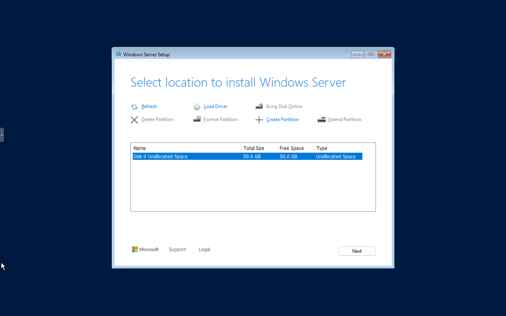 windows server select install location step screen capture